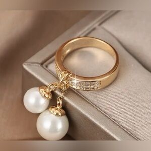 14K Gold Double Pearl Drop Ring Size 7